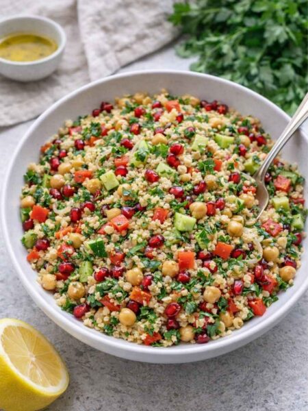Bunter Couscous-Salat mit Kichererbsen und Granatapfel