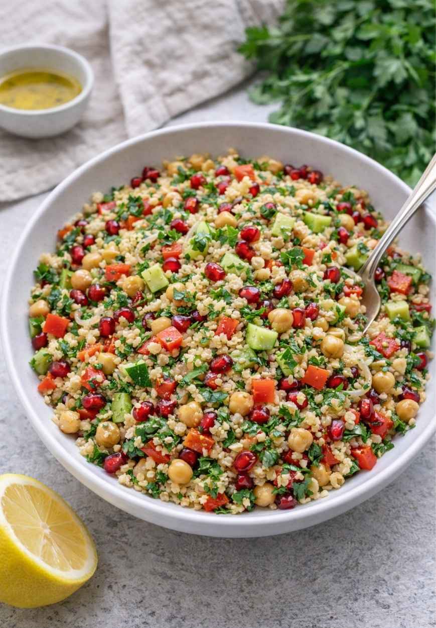 Bunter Couscous-Salat mit Kichererbsen und Granatapfel