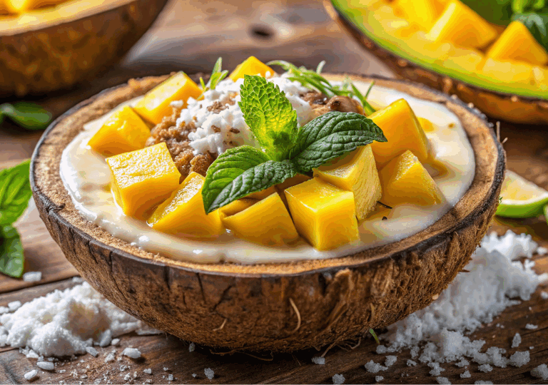 vegane Smoothie-Bowl mit Mango und Kokos