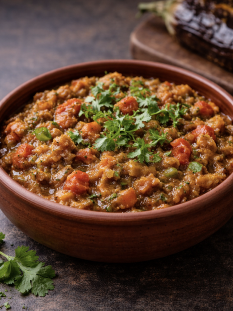 Baingan Bharta – Geröstetes Auberginen-Curry mit Tomaten und Masala