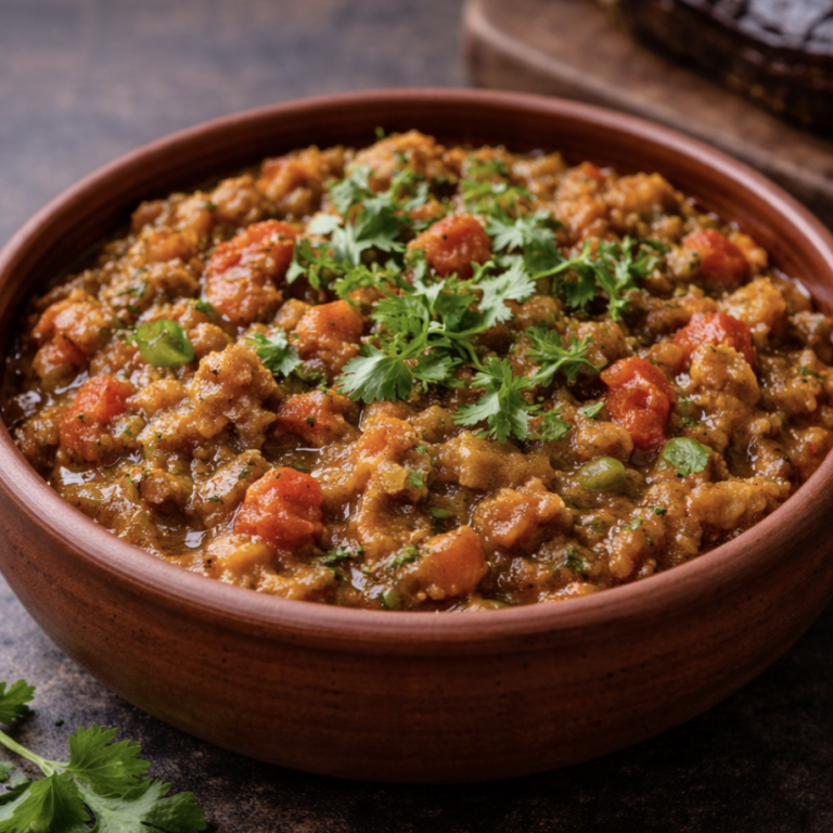 Baingan Bharta – Geröstetes Auberginen-Curry mit Tomaten und Masala
