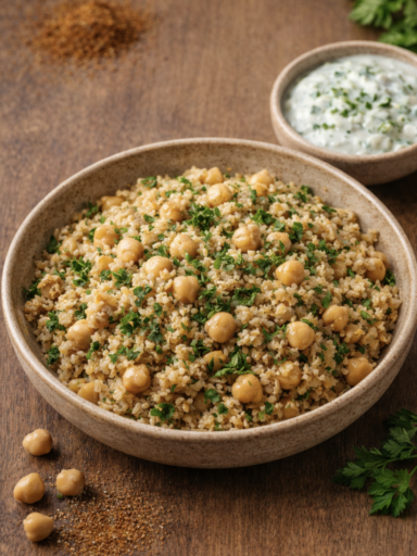 Bulgur mit Kichererbsen und Joghurt-Gurken-Dip