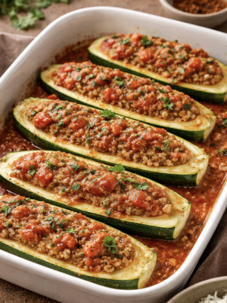 Zucchiniboote mit Bulgurfüllung und Tomaten-Minze-Sauce