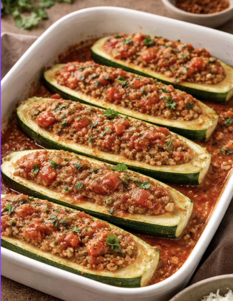 Zucchiniboote mit Bulgurfüllung und Tomaten-Minze-Sauce