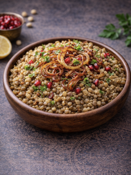 Linsen mit Bulgur und karamellisierten Zwiebeln – Mujadara
