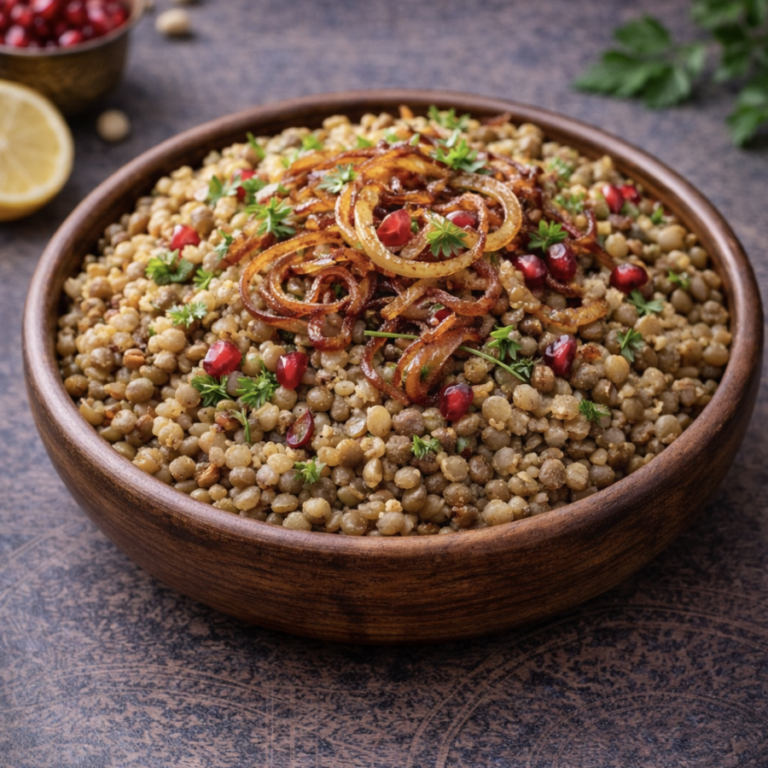 Linsen mit Bulgur und karamellisierten Zwiebeln – Mujadara