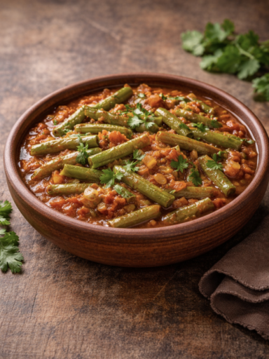 Stangenbohnen-Eintopf mit Tomaten-Koriander-Sauce