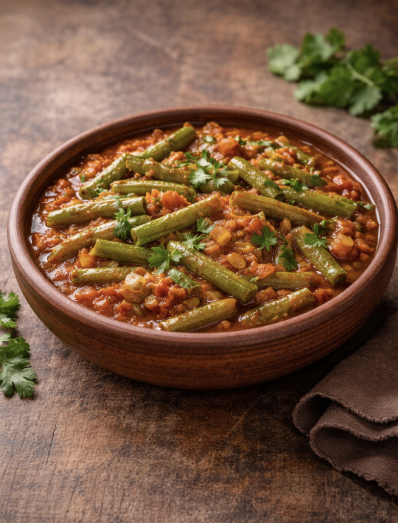 Stangenbohnen-Eintopf mit Tomaten-Koriander-Sauce