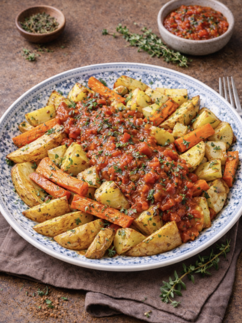 Ofen-Kartoffeln mit Gemüse und Thymian-Tomatensauce