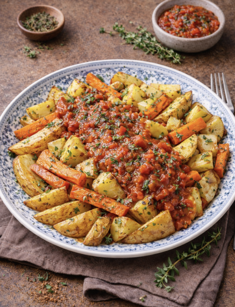 Ofen-Kartoffeln mit Gemüse und Thymian-Tomatensauce