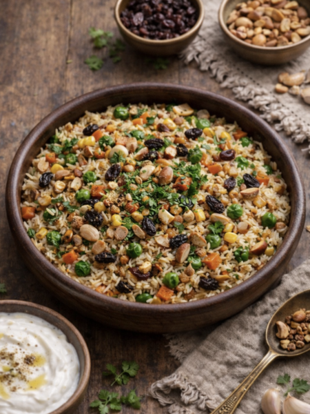 Reis mit Gemüse, Nüssen und Rosinen – Ouzi