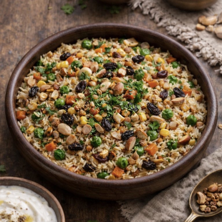 Reis mit Gemüse, Nüssen und Rosinen – Ouzi