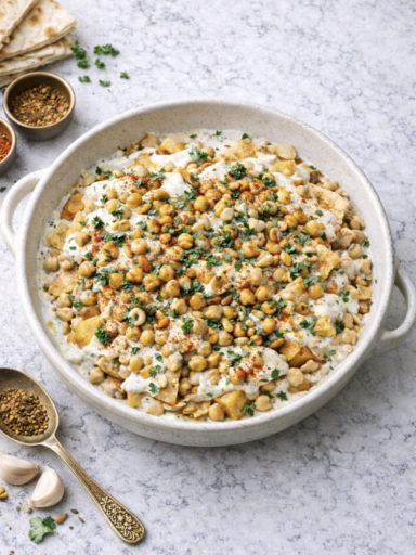Kichererbsen-Fatteh mit knusprigem Brot und Tahini-Sauce