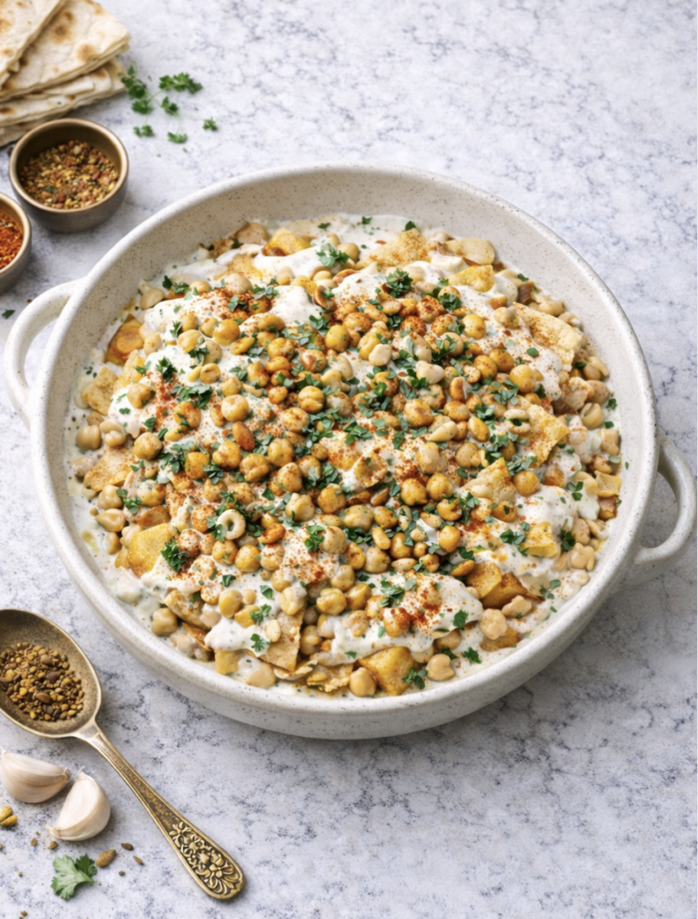 Kichererbsen-Fatteh mit knusprigem Brot und Tahini-Sauce