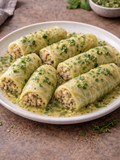 Gefüllter Weißkohl mit Reis und Kräutern