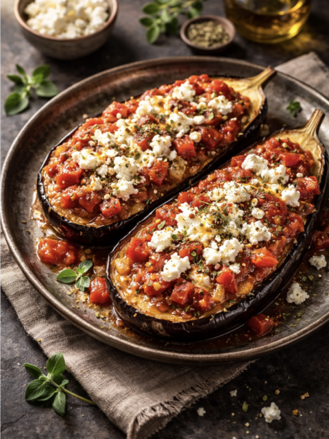 Ofen-Auberginen mit Feta und würziger Oregano-Sauce