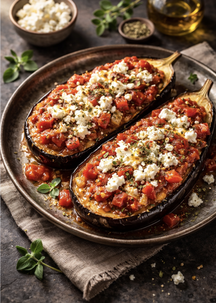 Ofen-Auberginen mit Feta und würziger Oregano-Sauce