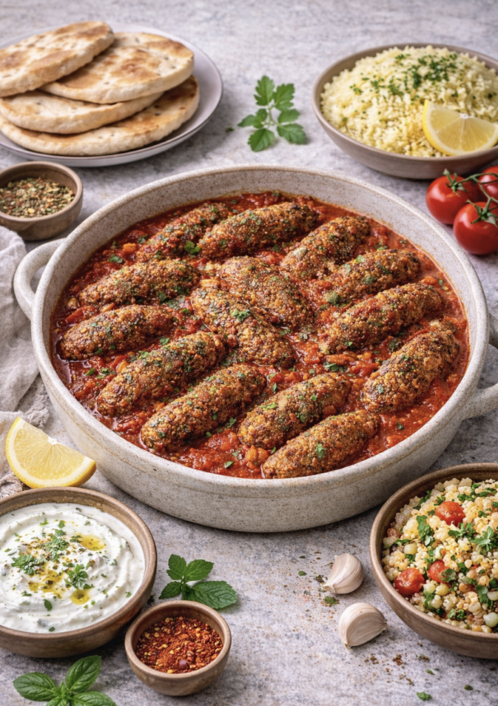 Vegetarische Köfte Aus Bulgur und Gemüse in würziger Tomatensauce