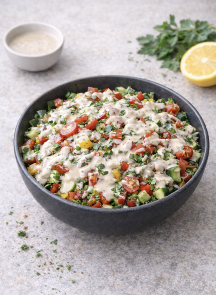 Gemischter Salat mit Tahini-Dressing – Cremig, frisch & gesund