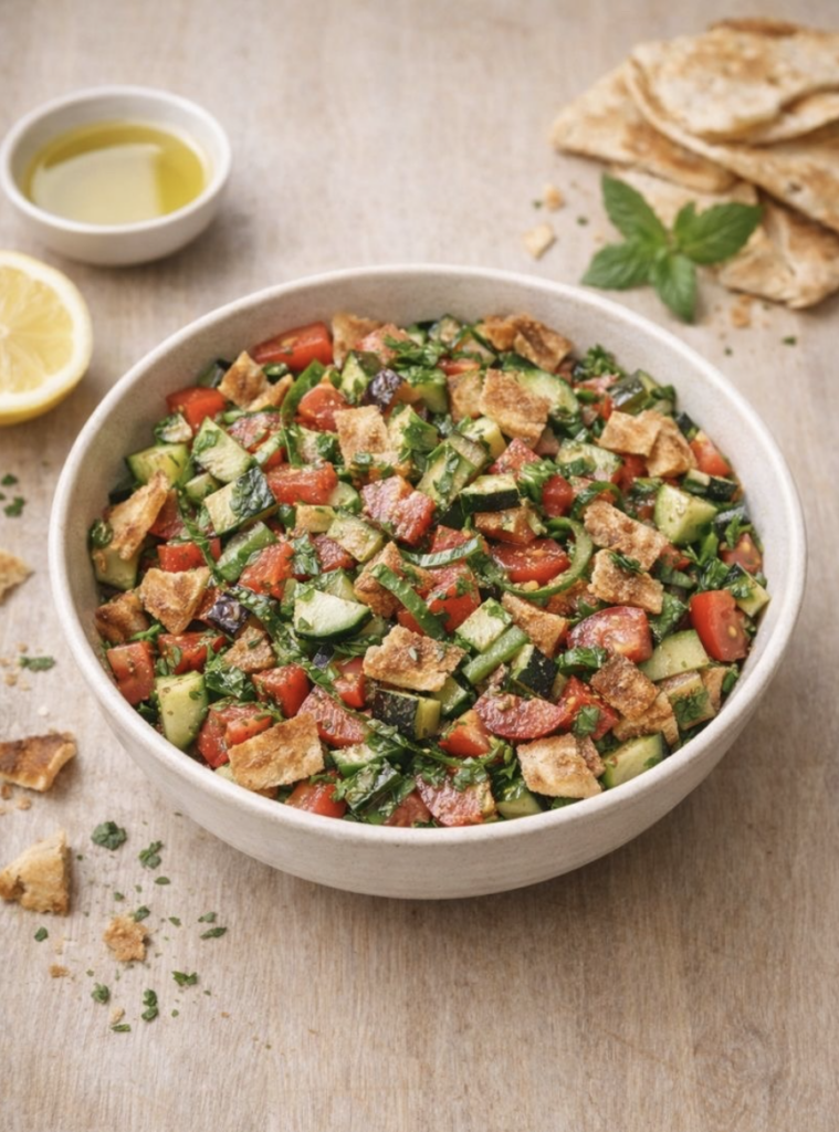 Fattoush – Orientalischer Brotsalat mit knusprigem Fladenbrot