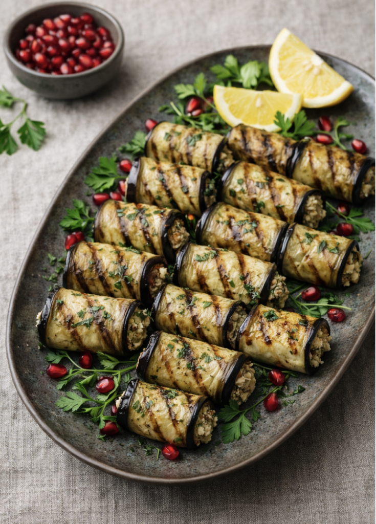 Auberginenröllchen mit Walnussfüllung – Orientalisch, vegan & aromatisch