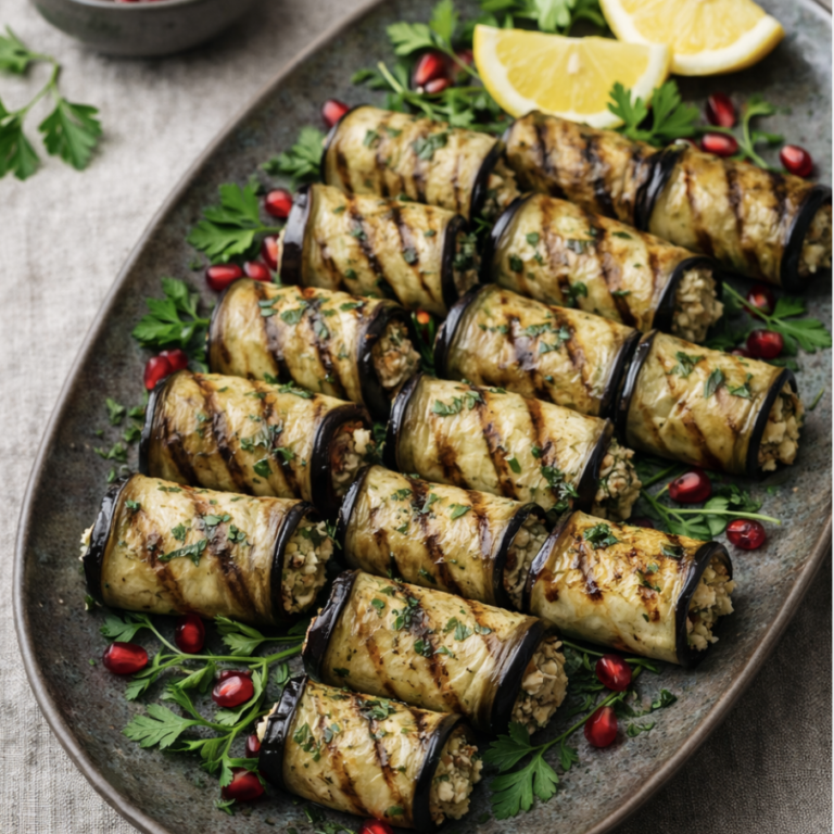 Auberginenröllchen mit Walnussfüllung – Orientalisch, vegan & aromatisch