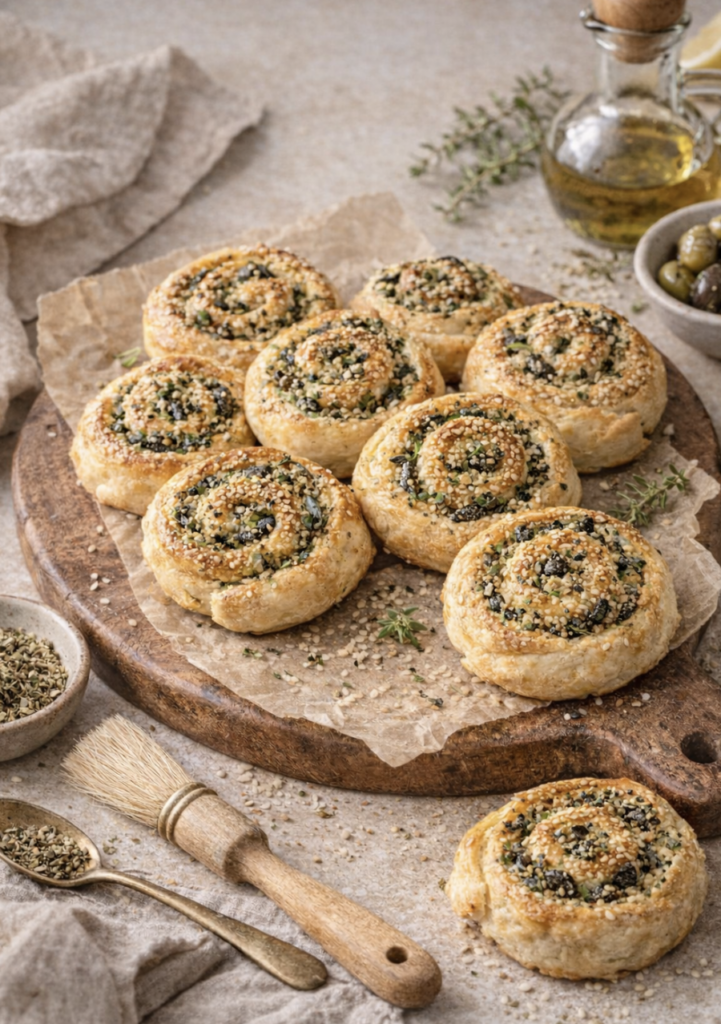 Käse-Oliven-Schnecken – Herzhafte, knusprige Blätterteig-Schnecken