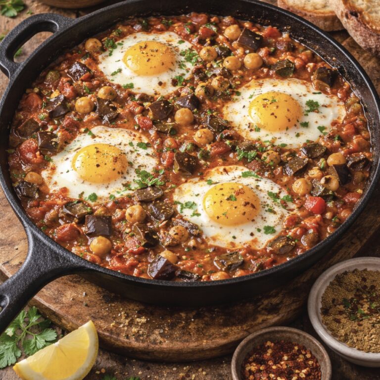 Auberginen-Shakshuka mit Kichererbsen – Herzhaftes Rezept mit viel Protein & Geschmack