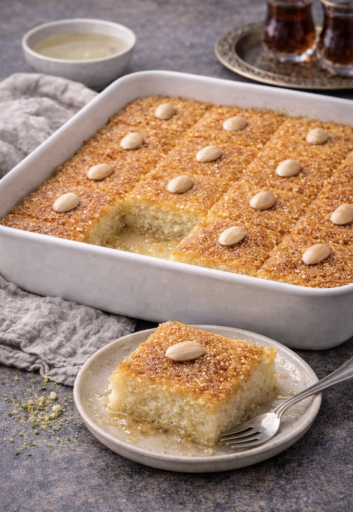 Basbousa – Saftiger Grießkuchen mit Rosenwasser & Zuckersirup