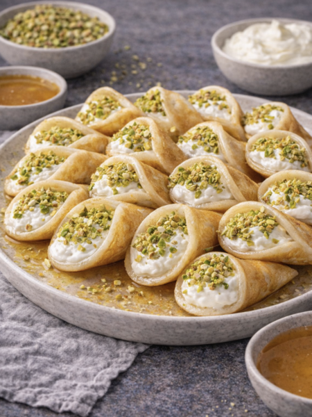 Asafiri – Gefüllte Mini-Pfannkuchen mit Sahne und Pistazien (orientalisches Dessert)