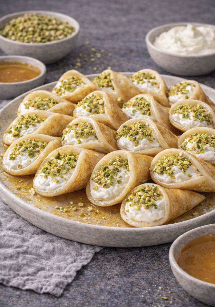 Asafiri – Gefüllte Mini-Pfannkuchen mit Sahne und Pistazien (orientalisches Dessert)
