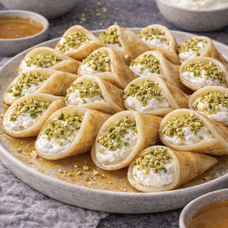 Asafiri – Gefüllte Mini-Pfannkuchen mit Sahne und Pistazien (orientalisches Dessert)