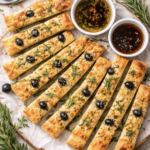 Oliven-Rosmarin-Focaccia-Sticks – Knuspriger italienischer Snack aus dem Ofen