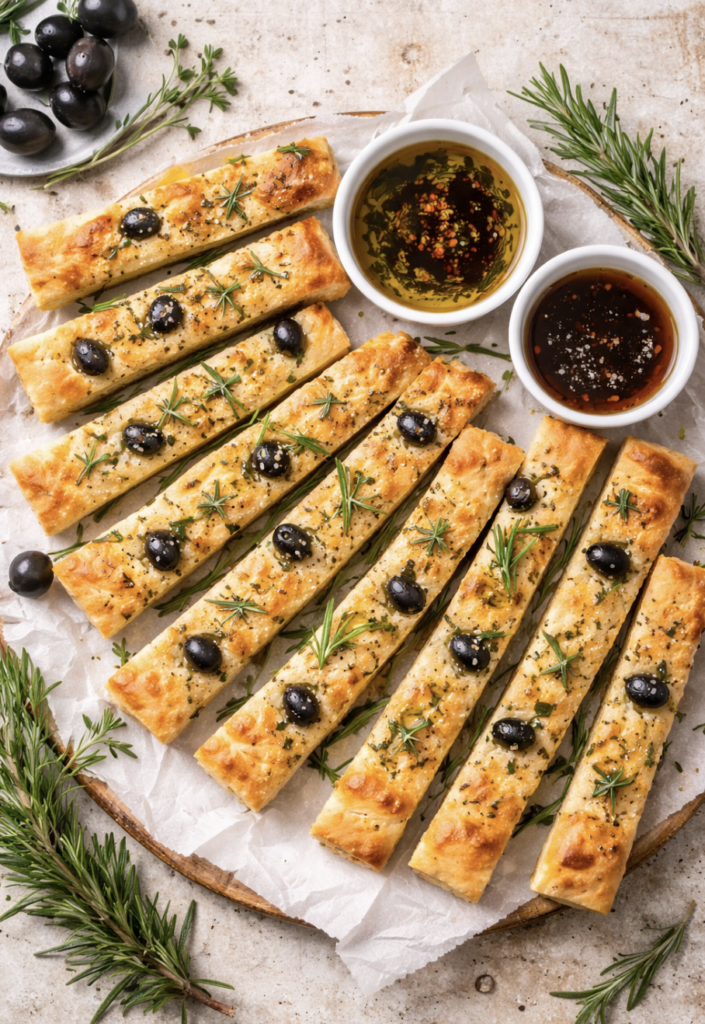 Oliven-Rosmarin-Focaccia-Sticks – Knuspriger italienischer Snack aus dem Ofen