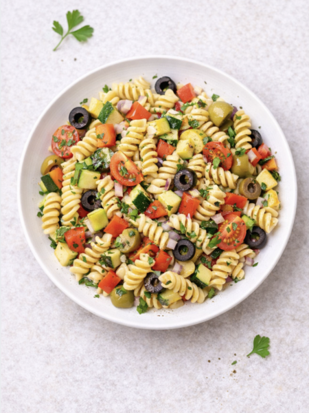 Pasta-Salat mit Gemüse und Oliven – einfach, frisch & sättigend