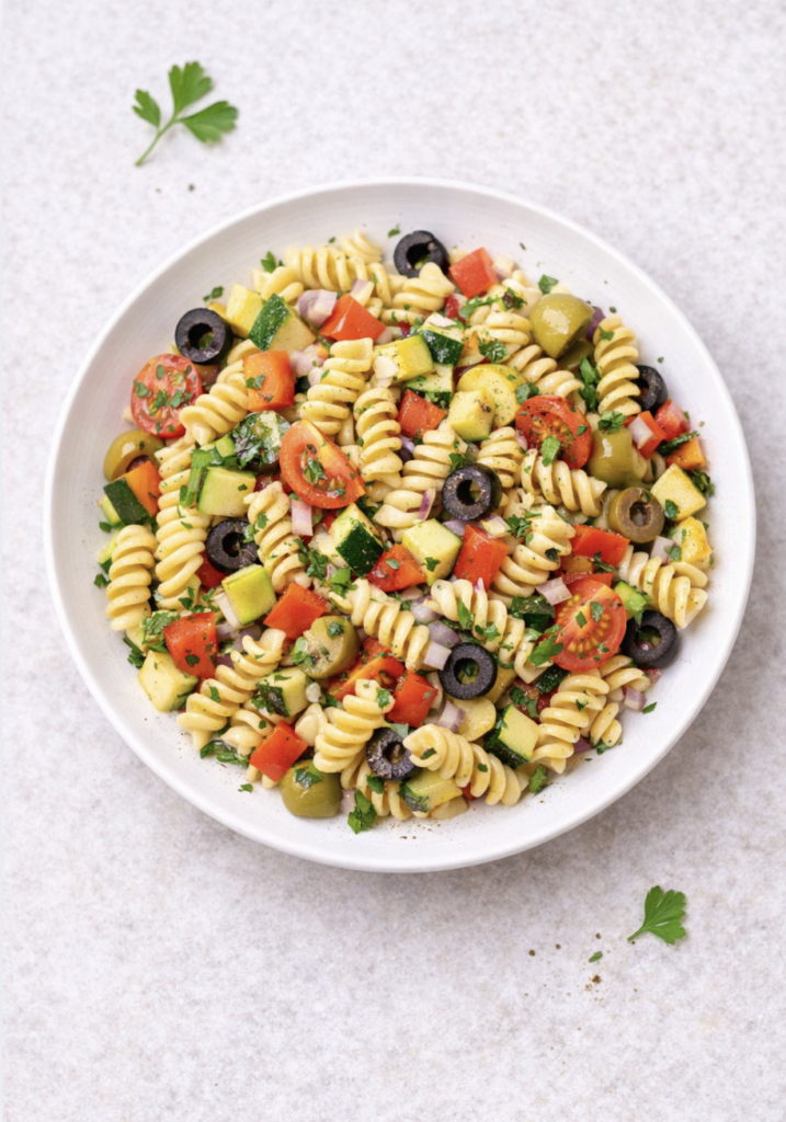 Pasta-Salat mit Gemüse und Oliven – einfach, frisch & sättigend