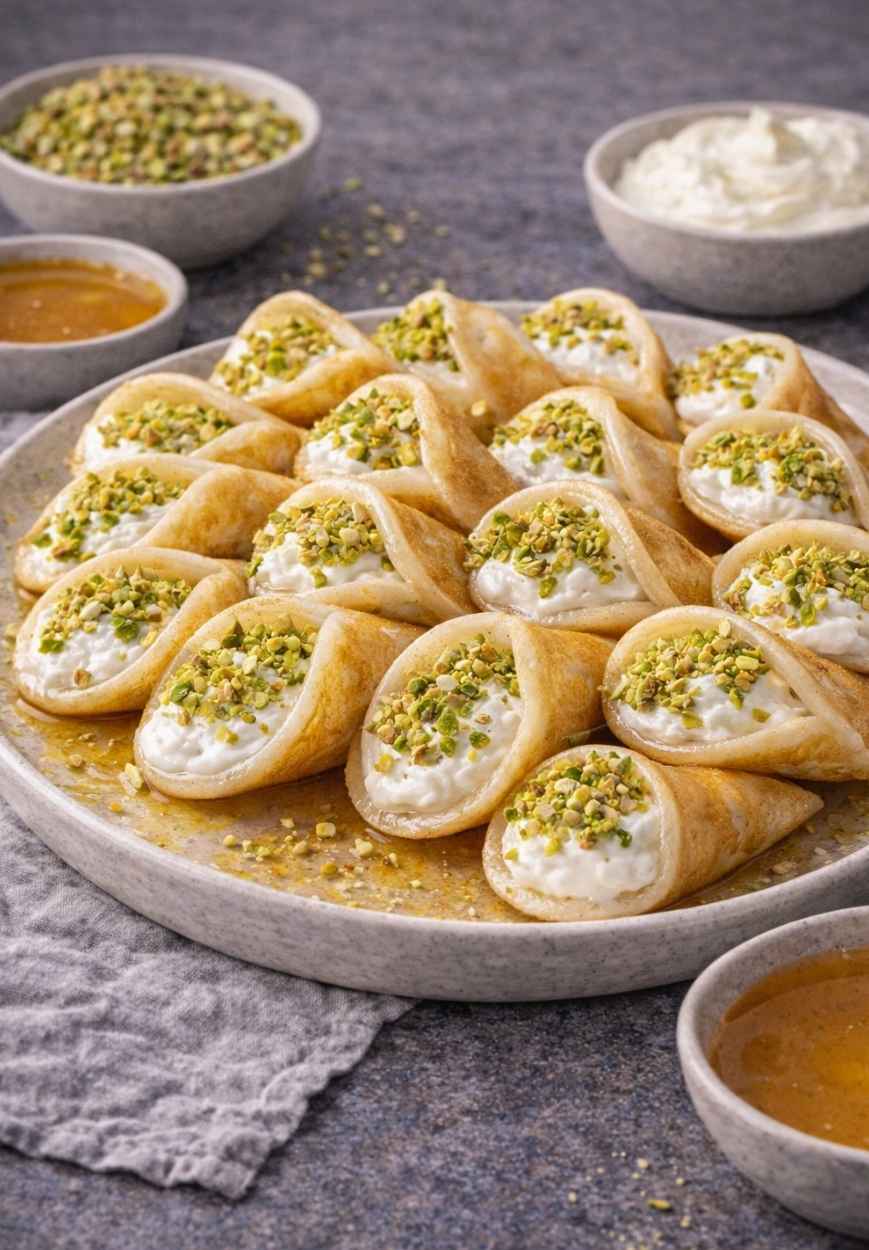 Asafiri – Gefüllte Mini-Pfannkuchen mit Sahne und Pistazien