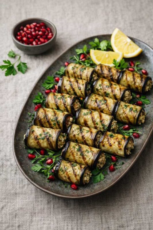 Auberginenröllchen mit Walnussfüllung – vegan & aromatisch