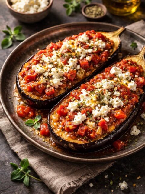 Ofen-Auberginen mit Feta und würziger Oregano-Sauce