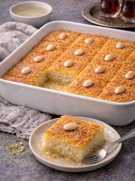 Basbousa – Saftiger Grießkuchen mit Rosenwasser & Zuckersirup