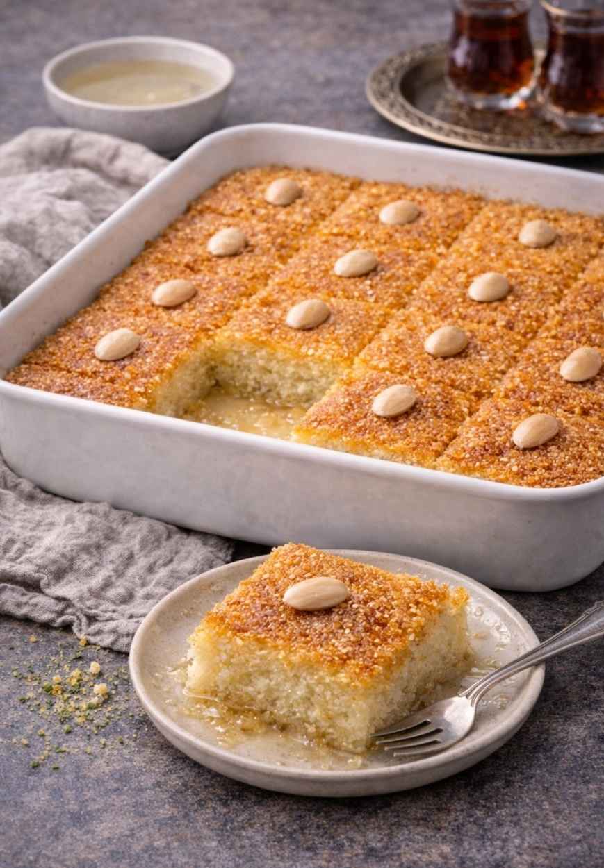 Basbousa – Saftiger Grießkuchen mit Rosenwasser & Zuckersirup