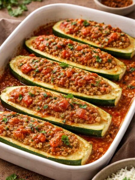 Zucchiniboote mit Bulgurfüllung und Tomaten-Minze-Sauce