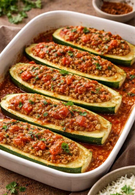Zucchiniboote mit Bulgurfüllung und Tomaten-Minze-Sauce