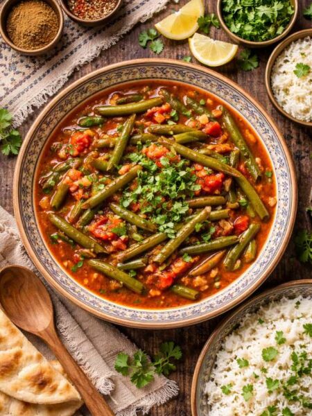Brechbohnen-Eintopf mit Tomaten-Koriander-Sauce