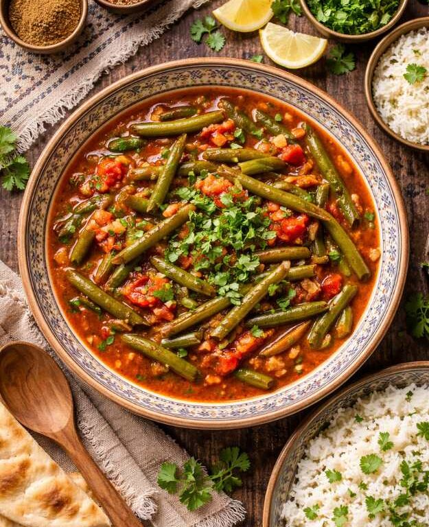 Brechbohnen-Eintopf mit Tomaten-Koriander-Sauce