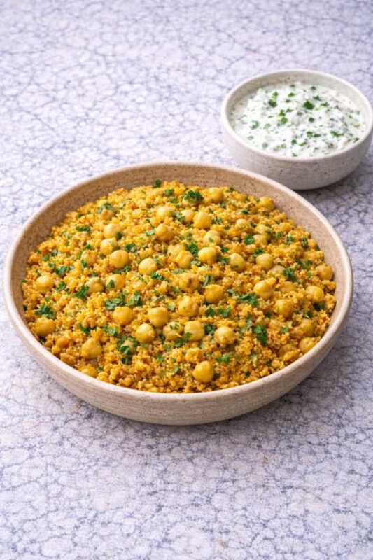 Bulgur mit Kichererbsen und Joghurt-Gurken-Dip