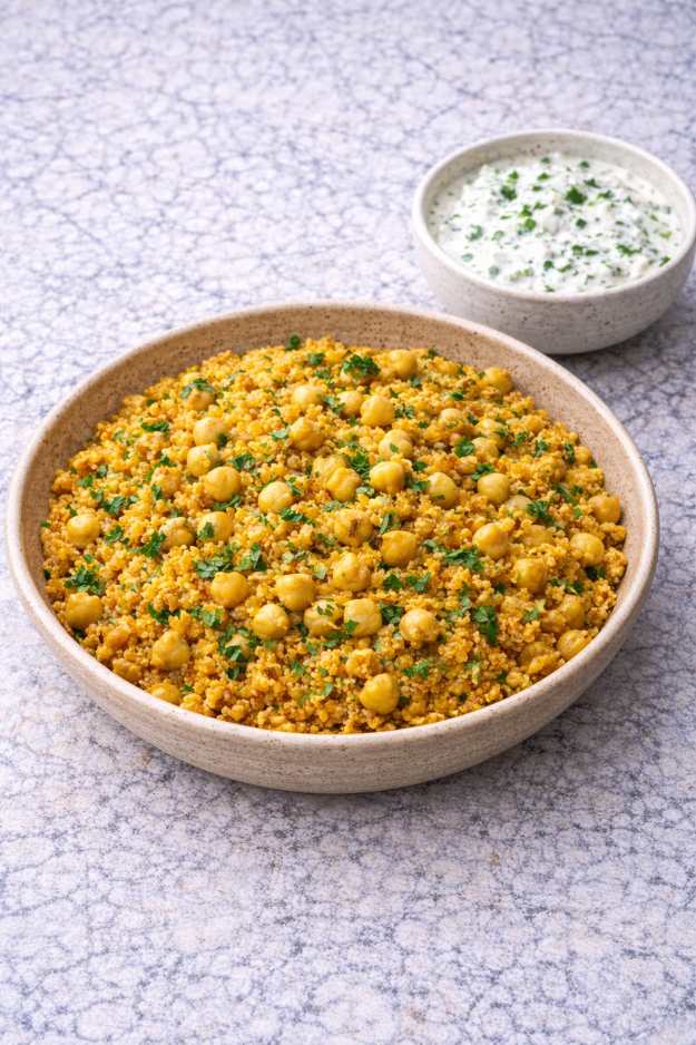 Bulgur mit Kichererbsen und Joghurt-Gurken-Dip