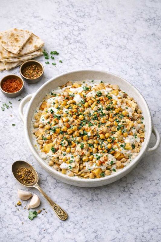 Kichererbsen-Fatteh mit knusprigem Brot und Tahini-Sauce