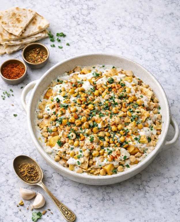 Kichererbsen-Fatteh mit knusprigem Brot und Tahini-Sauce