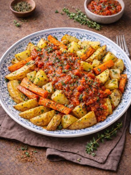 Ofenkartoffeln mit Gemüse und Thymian-Tomatensauce